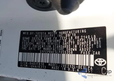 2020 Toyota Corolla Le z USA, uszkodzony, nr VIN 5YFEPRAE5LP055358